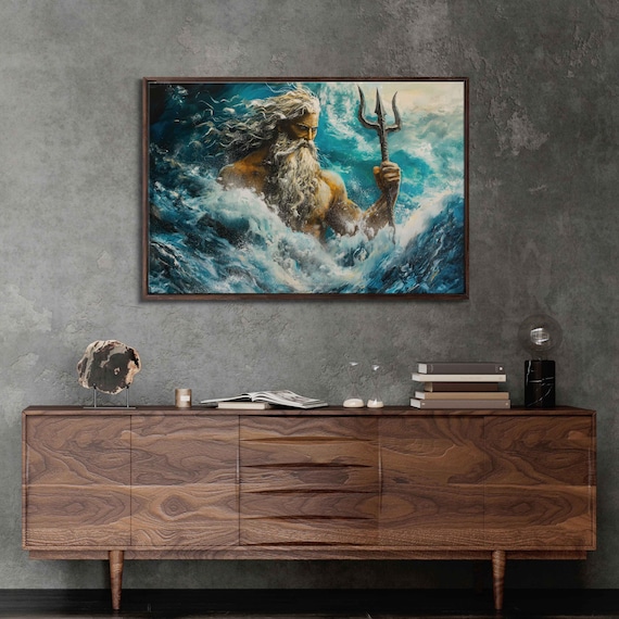 Poseidon Greek God Of The Sea Rising From Crashing Ocean Waves Trident Art Poster