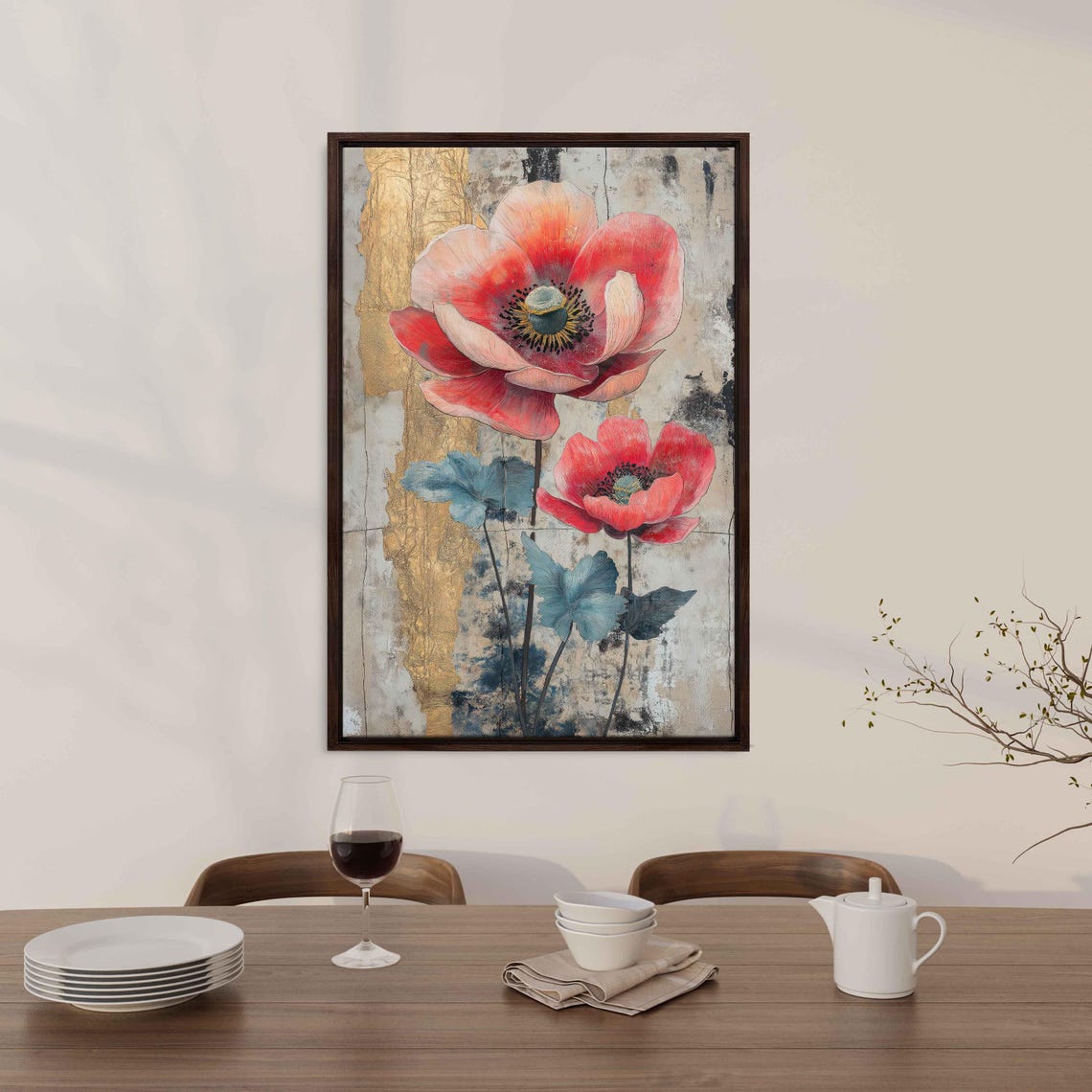Red Poppies Blue Leaves Gold Textured Elegant Floral Wall Art Poster