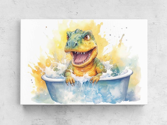 Adorable Baby T Rex In A Bathtub Watercolor Painting Framed Print Cute Dinosaur Painting