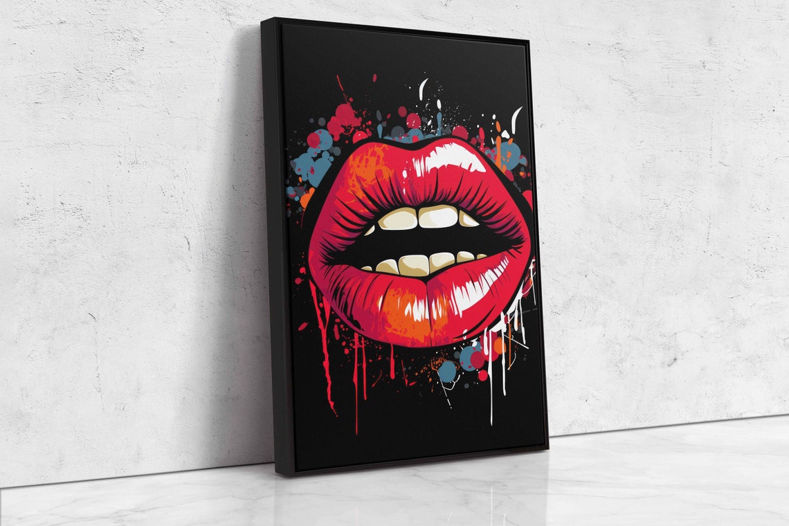 Pop Art Red Lips Paint Splash Bold Black Background Wall Art - Image 4
