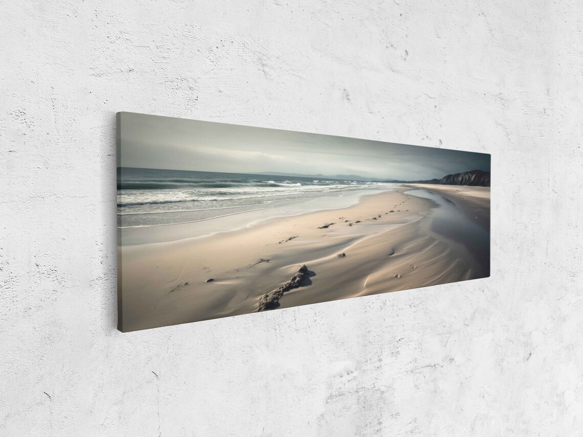 Empty Sandy Beach Panoramic Gray Sky Gentle Waves Minimalist Seascape Poster - Image 4