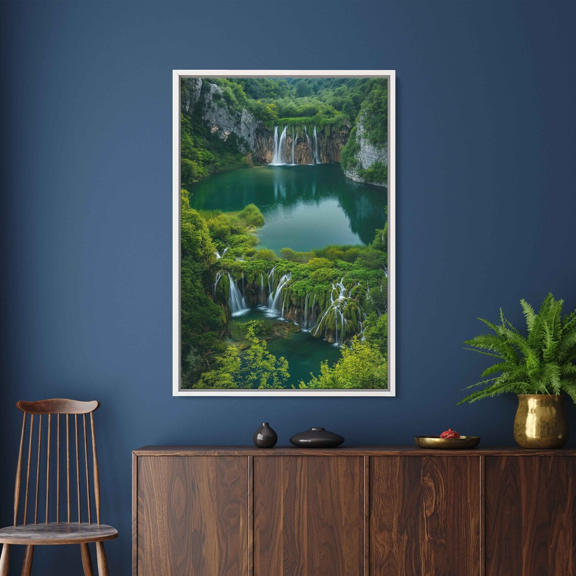 Serene Waterfall Lush Greenery Tranquil Lake Mountain Range Cloudy Skies Wall Art Print Ready To Hang - Image 2