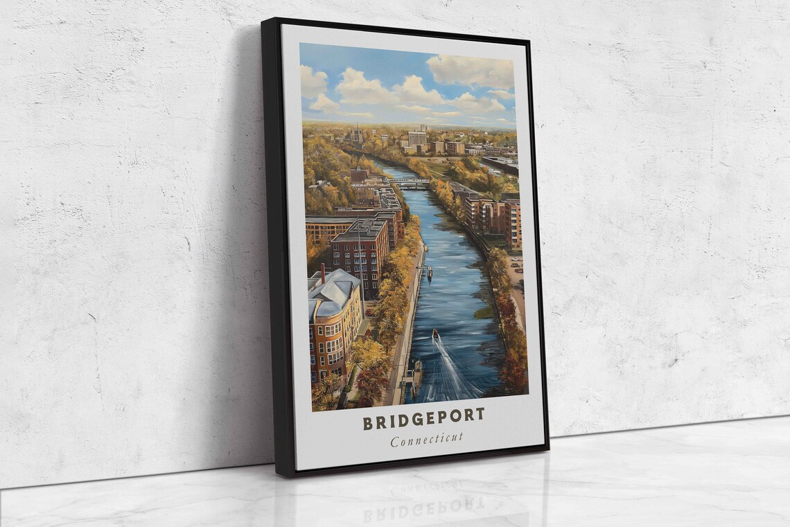 Bridgeport Connecticut River City Aerial Autumn View Travel Poster - Image 2