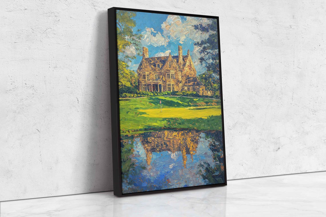 Stone Golf Clubhouse By Still Pond With Reflection Oil Painting Poster - Image 4