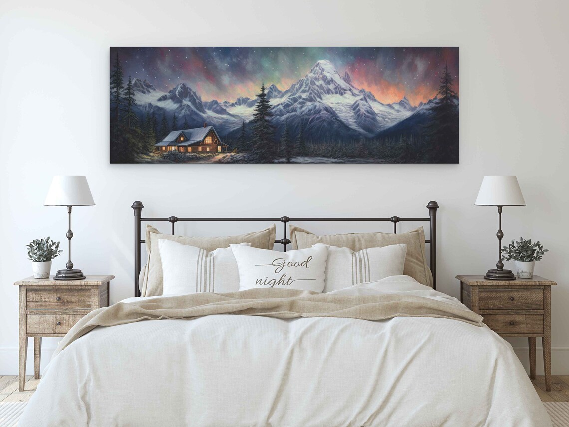 Cabin Below Towering Snowy Peak Colorful Starry Night Sky Poster - Image 3
