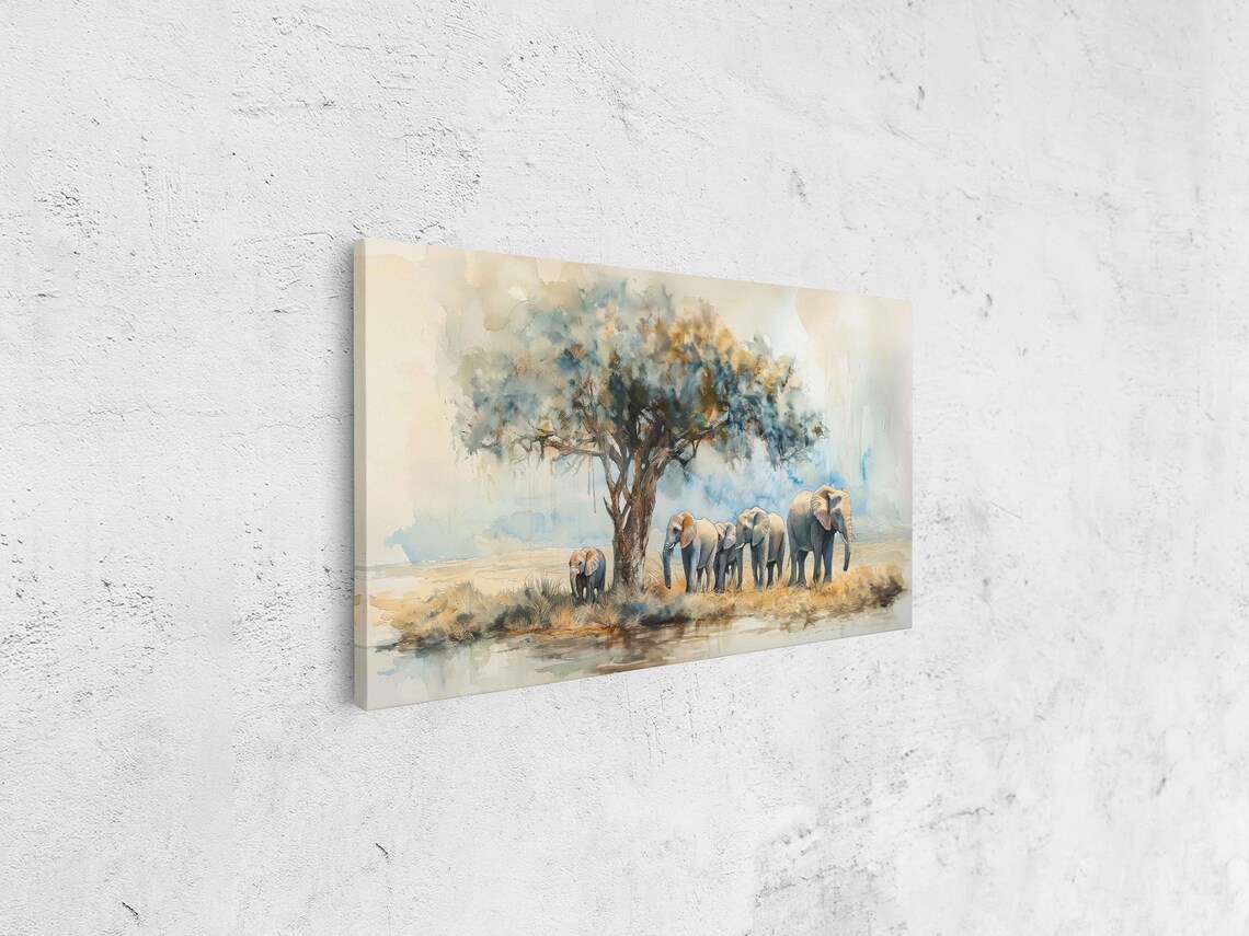 Elephant Family Beneath Acacia Tree by the Water Soft Watercolor Art Poster - Image 4