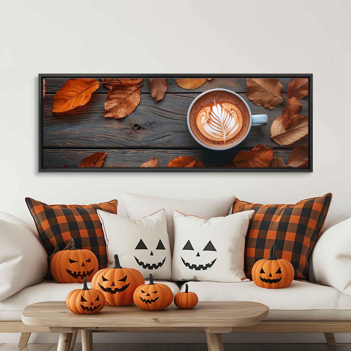 Latte Art Cup On Dark Rustic Wood Among Amber Leaves Photo Print - Image 3
