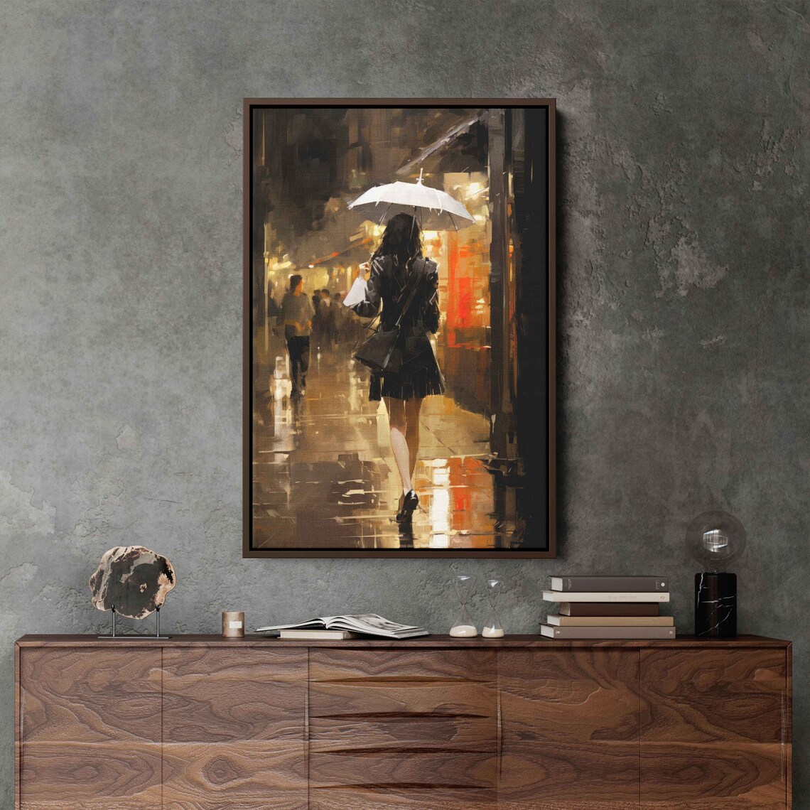 Woman White Umbrella Rainy Night Street Impressionist Painting Wall Art Print - Image 3