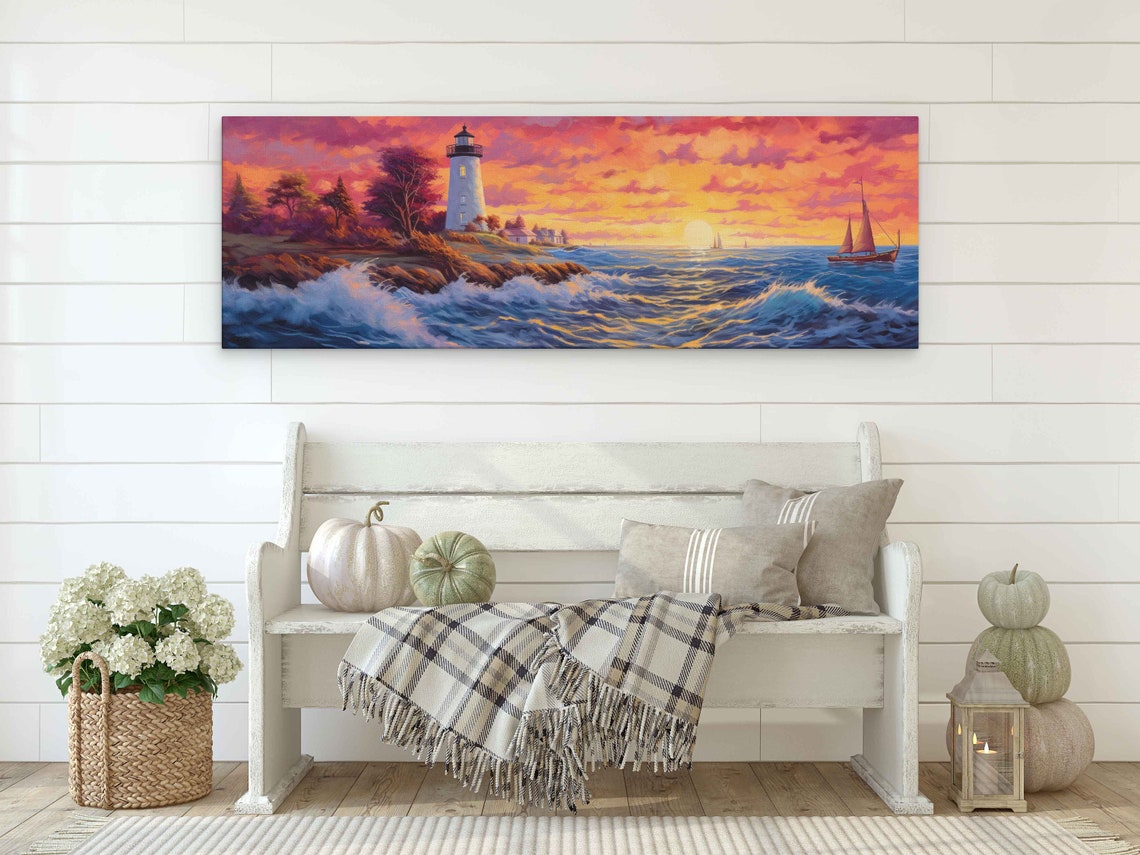 Panoramic Lighthouse Seascape Oil Painting Framed Print Tropical Wall Art Beach House Decor - Image 2