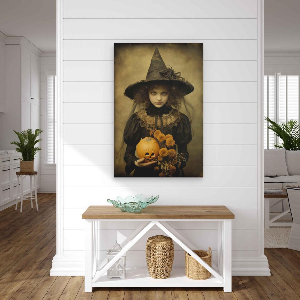 Vintage Witch Girl In Hat Holding Pumpkin Spooky Portrait Art Print - Image 4