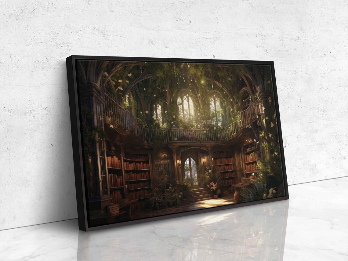 Grand Enchanted Library Gothic Hall Overgrown Plants Fantasy Book Nook Poster - Image 4