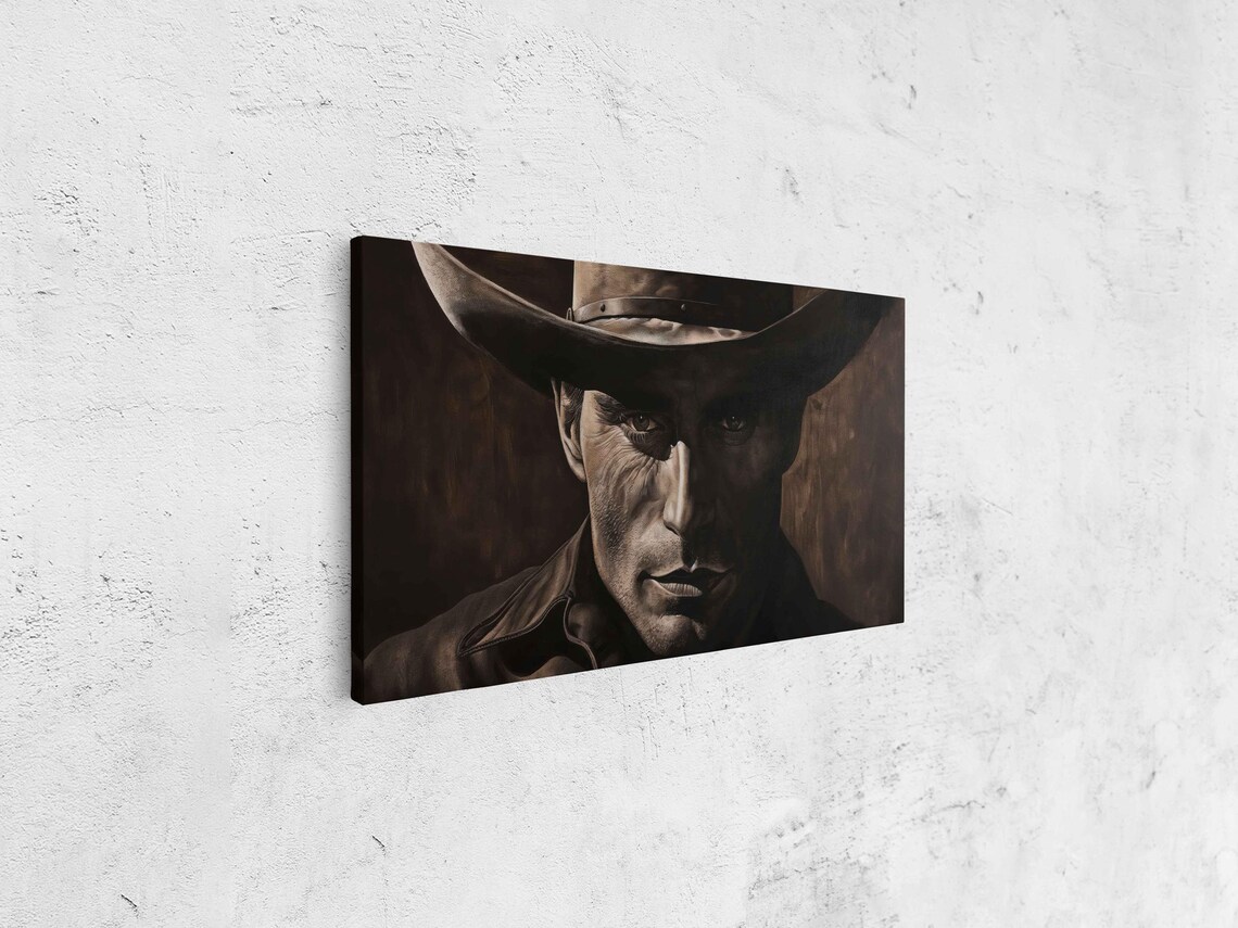 Sepia Tone Cowboy Portrait In Deep Shadow Realistic Western Poster - Image 4