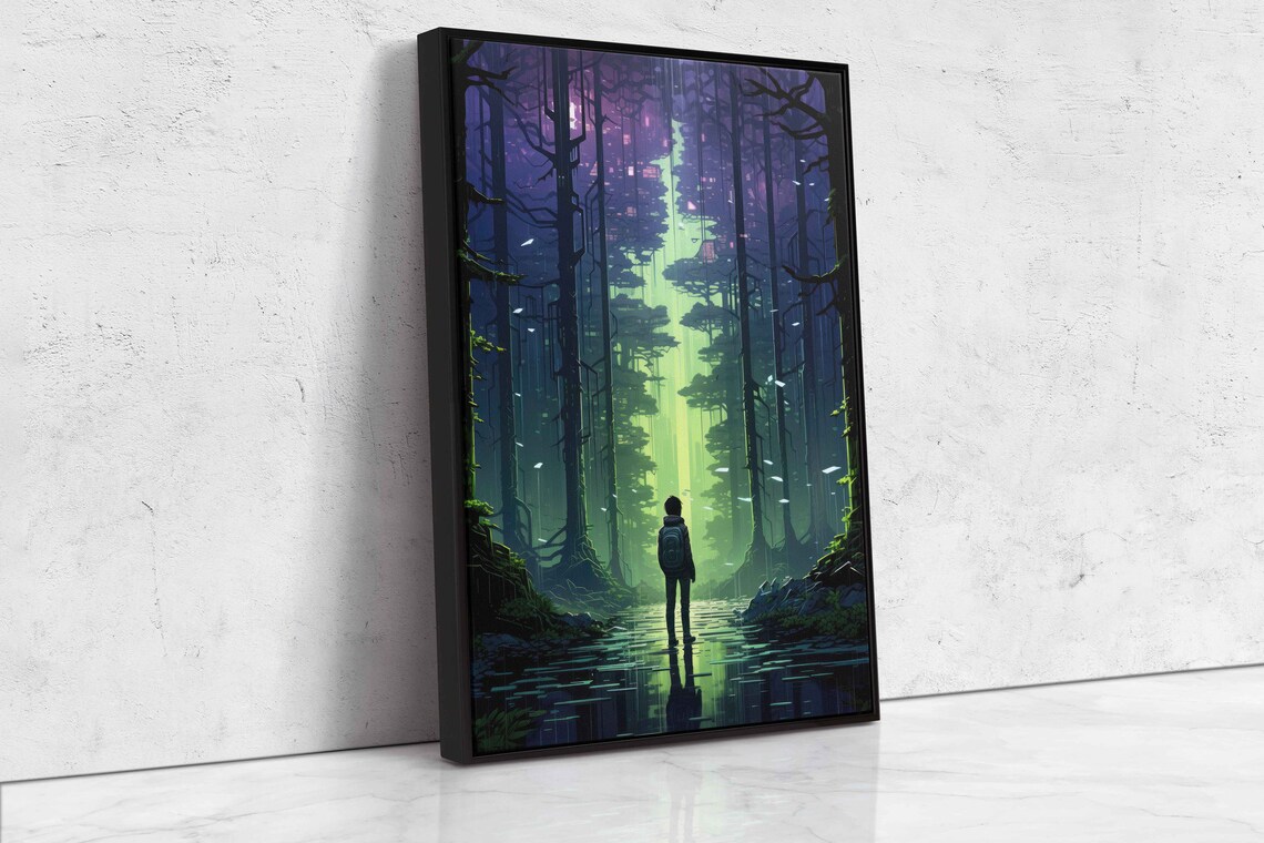 Boy In Glowing Forest Wall Art Print Water Covered Path Wooded Backpacker Fantasy Forest Ready To Hang - Image 4