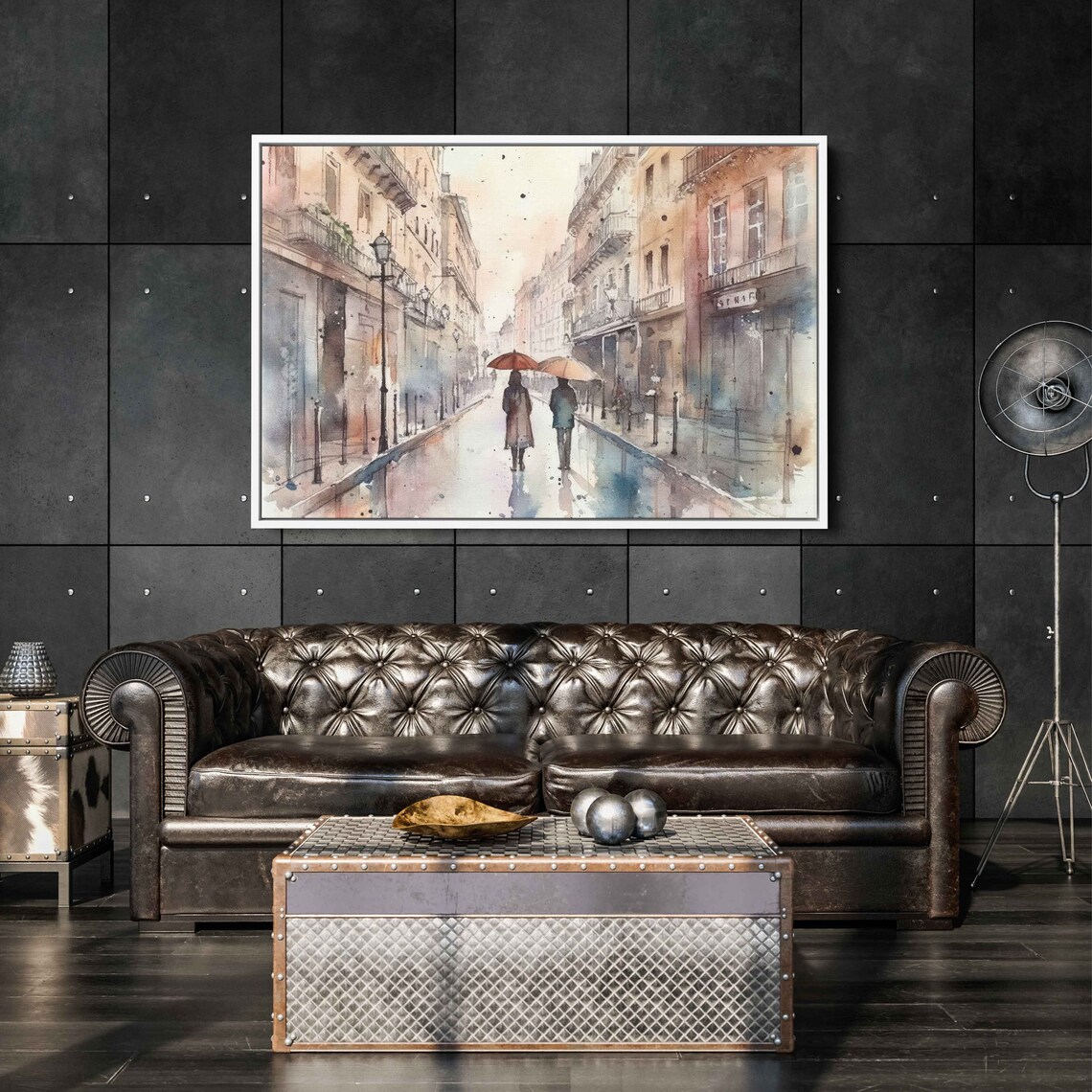 Paris Street Couple Under Umbrellas Rainy Day Watercolor Travel Poster - Image 3