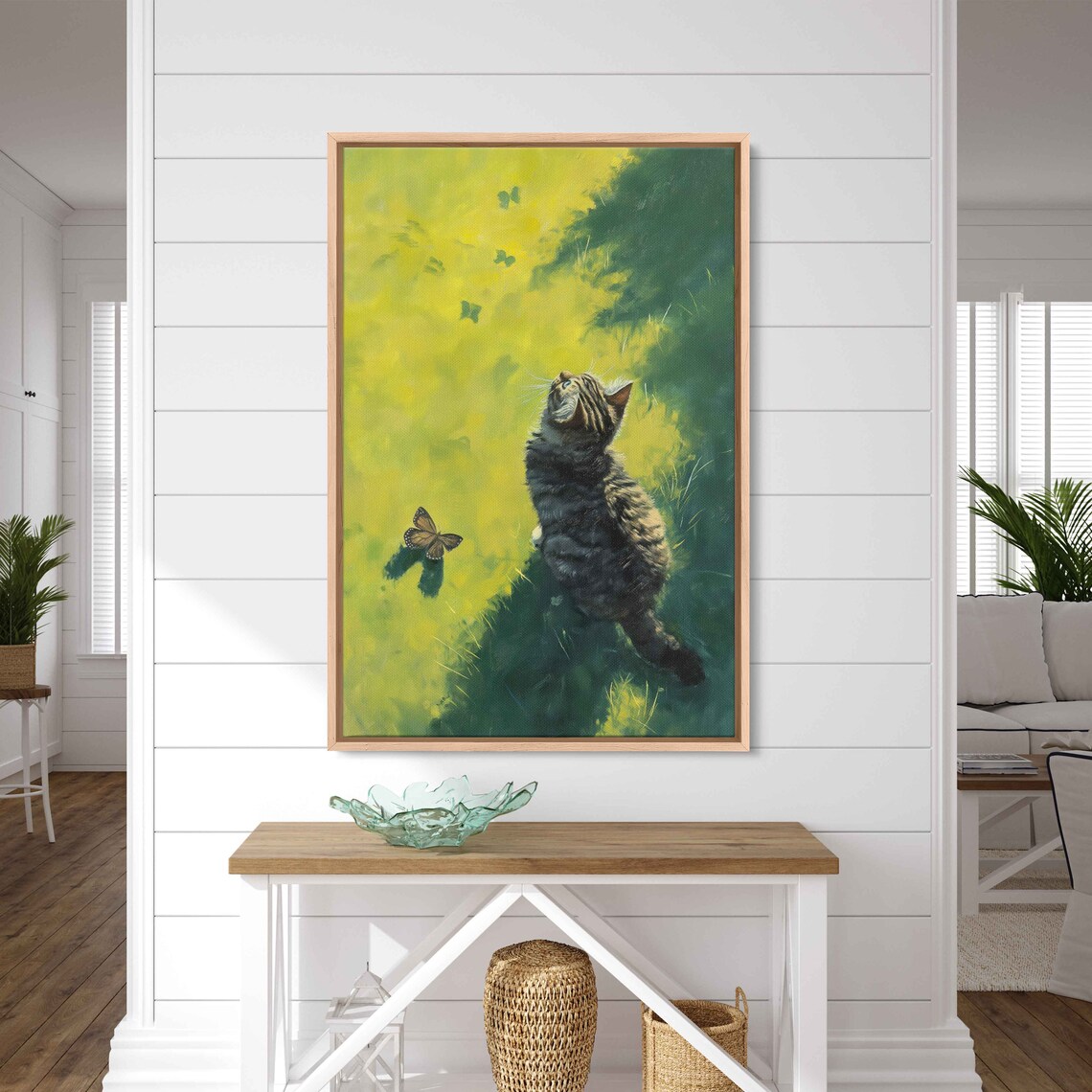 Playful Tabby Kitten Butterfly Sunny Meadow Garden Painting Cat Wall Art Print