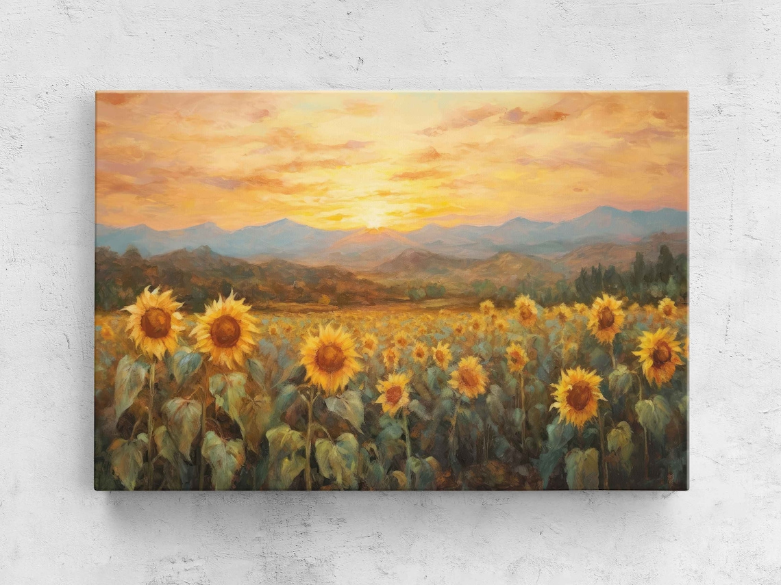 Sunflower Field at Sunset, Impressionist Art Print