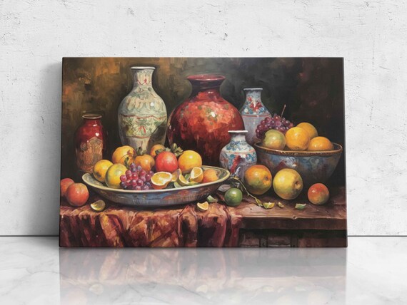 Eclectic Oil Painting Of Fruits And Vases Print On Ready To Hang