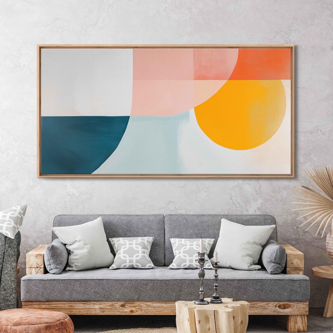Pastel Geometric Shapes Rising Sun Teal Coral Minimalist Wall Art