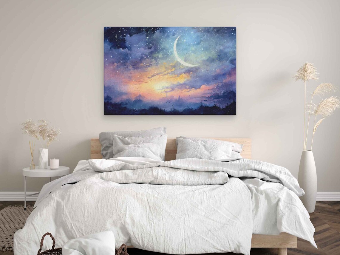 Celestial Watercolor Moonlit Landscape Art Print - Image 3