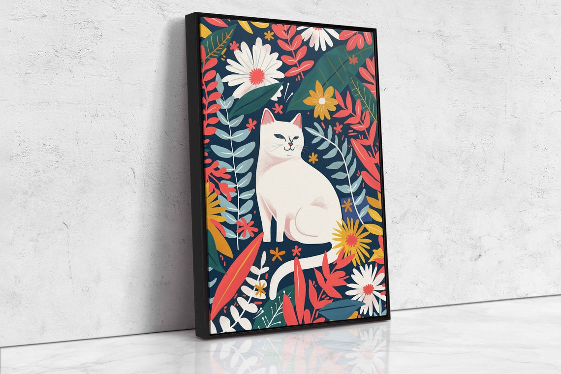 White Cat Colorful Tropical Floral Garden Cheerful Modern Art Poster - Image 4