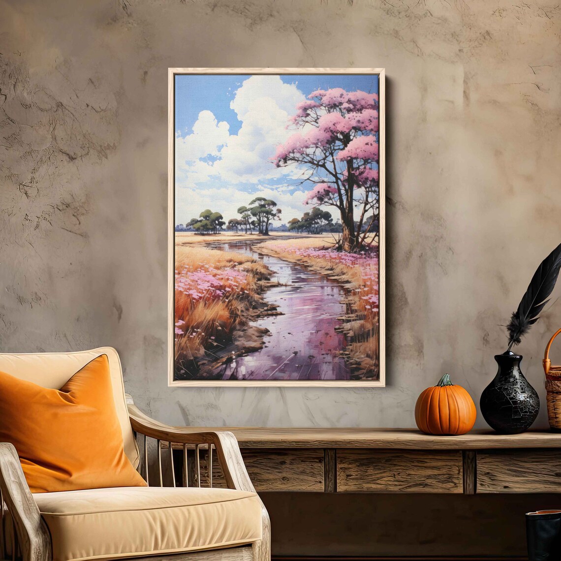 Pink Trees River Valley Landscape Painting Impressionist Art Cloudy Skies Framed Print Ready To Hang - Image 3
