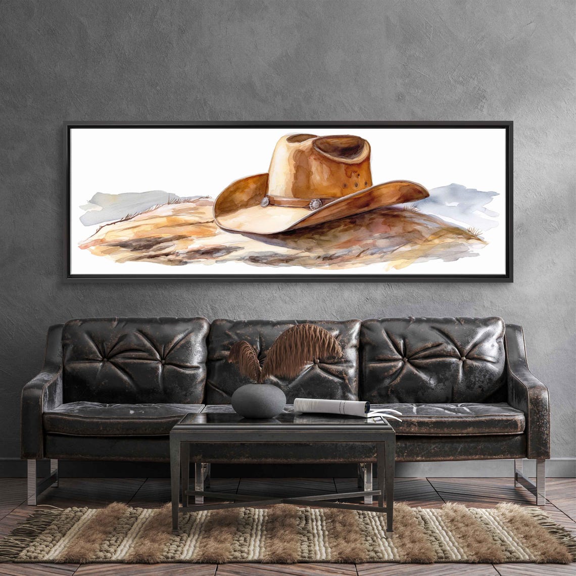 Watercolor Cowboy Hat Rustic Tan Brown Panoramic Wall Poster