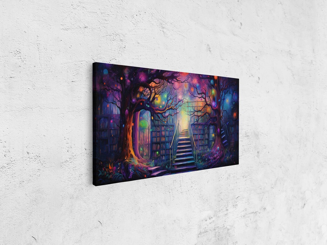 Enchanted Tree Of Knowledge Library Staircase Orbs Fantasy Wall Art Print - Image 4