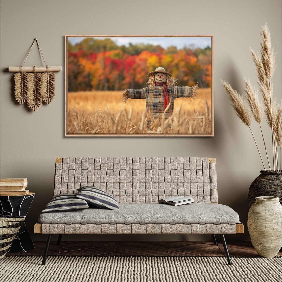 Scarecrow In Wheat Field With Fall Foliage Backdrop Art Poster - Image 3