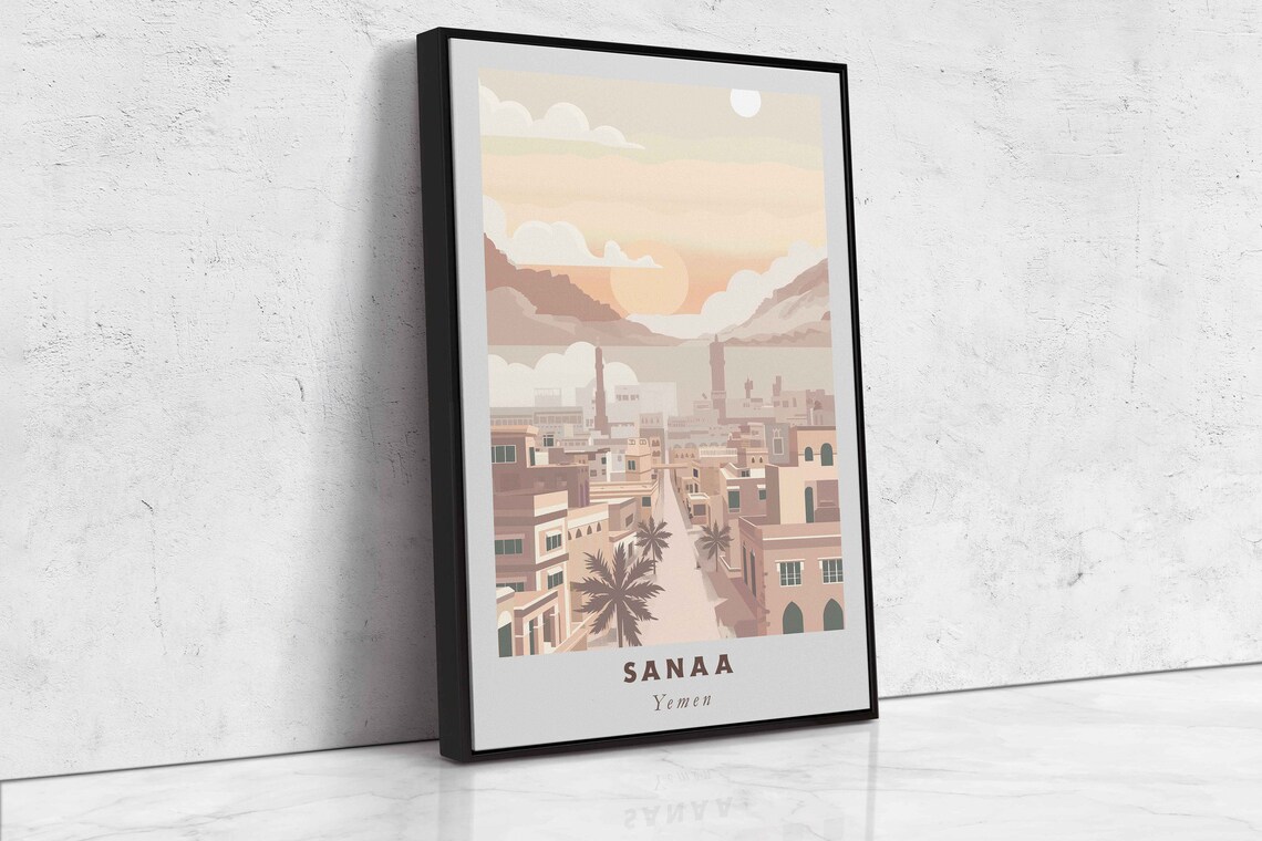 Sanaa Yemen Old City Street Mountain Sunset Retro Travel Poster - Image 2