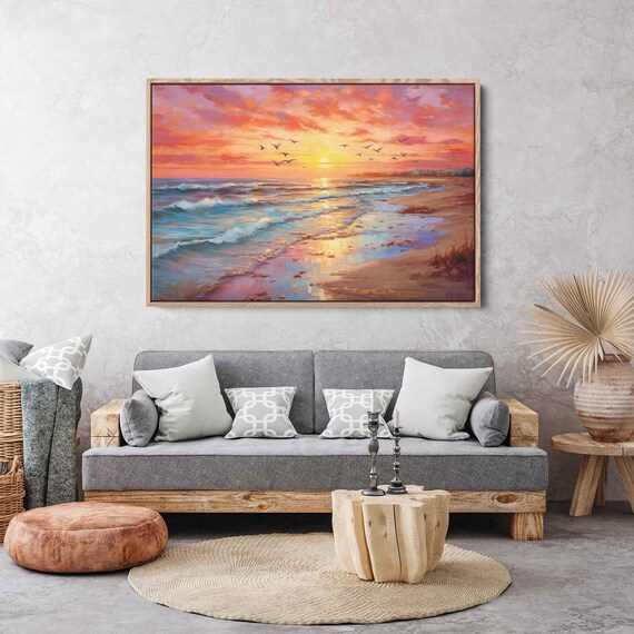 Beach Sunset Seagulls Turquoise Waves Golden Shore Painting Wall Art Poster