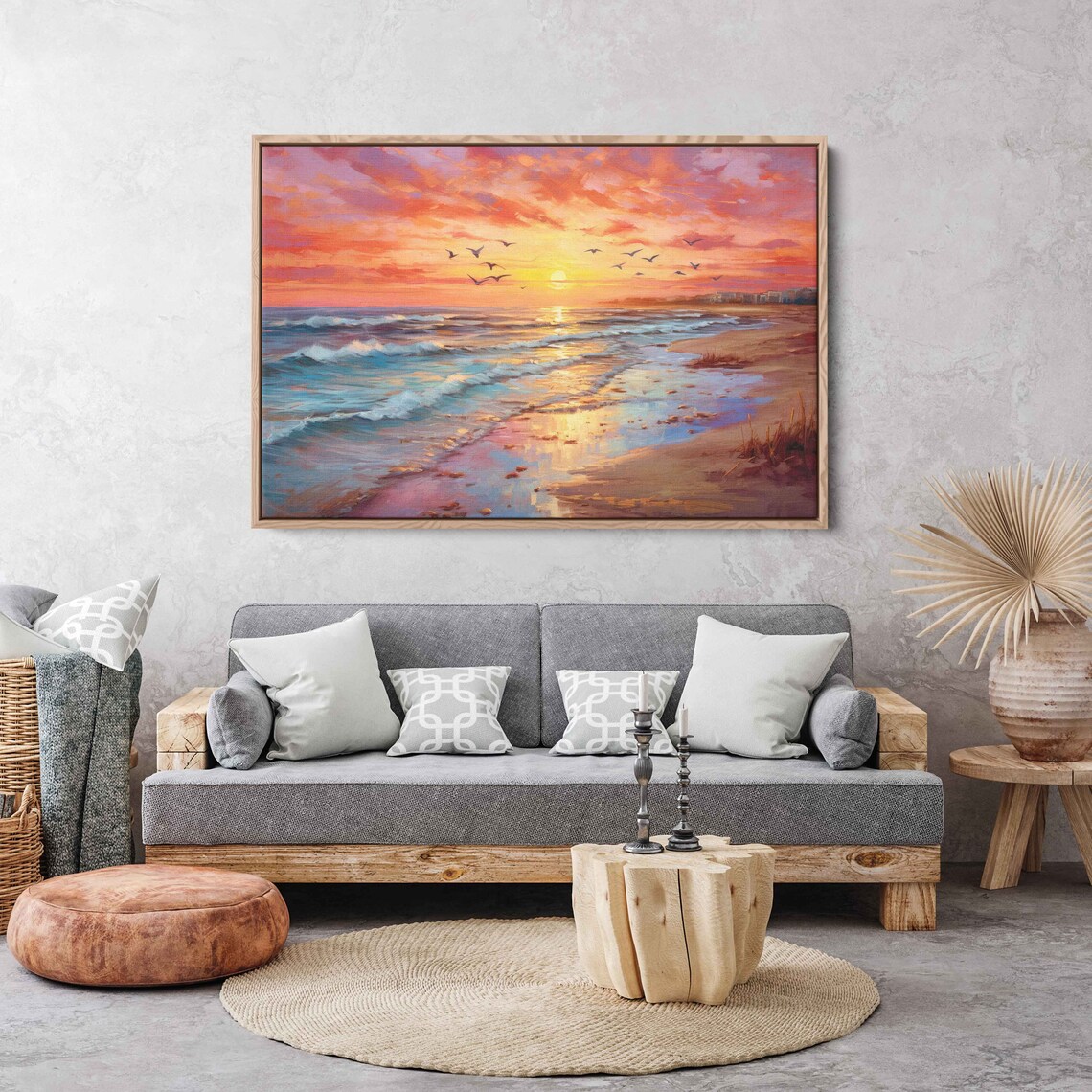 Beach Sunset Seagulls Turquoise Waves Golden Shore Painting Wall Art Poster
