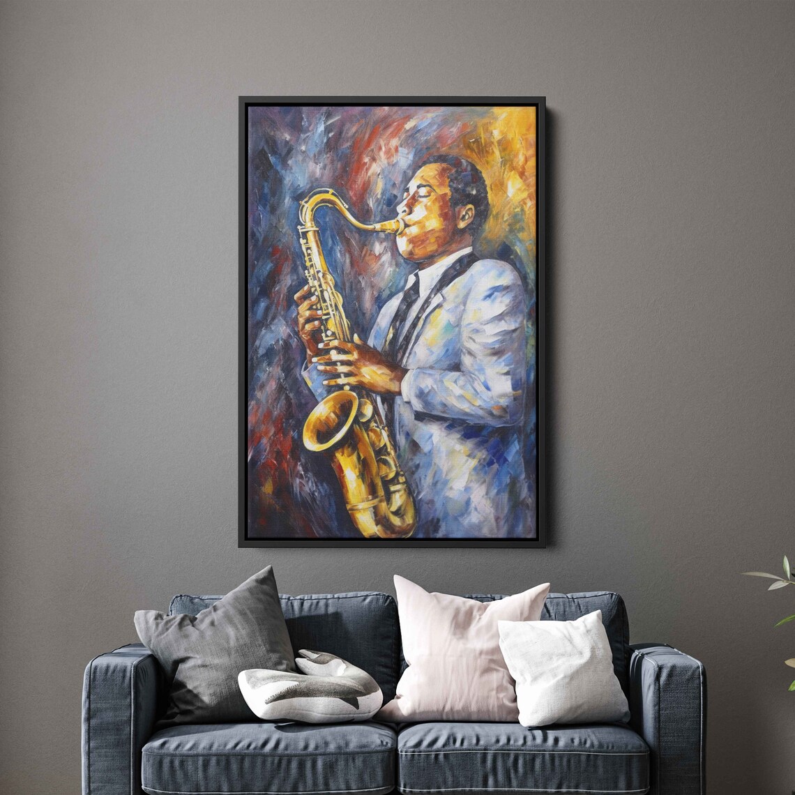 Jazz Saxophone Player Colorful Blue Suit Oil Painting Music Concert Art Print