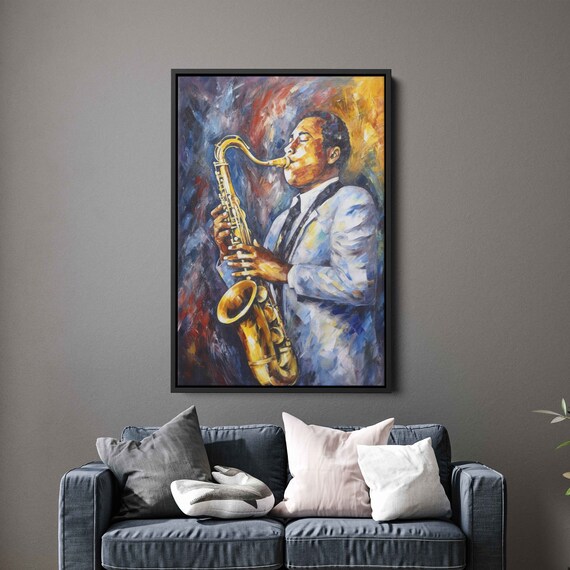 Jazz Saxophone Player Colorful Blue Suit Oil Painting Music Concert Art Print
