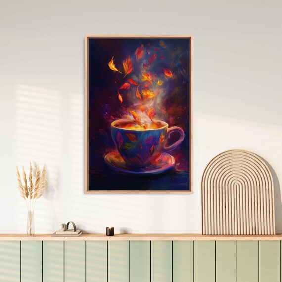 Magical Steaming Cup With Autumn Leaves Rising As Steam Dark Surreal Painting Poster