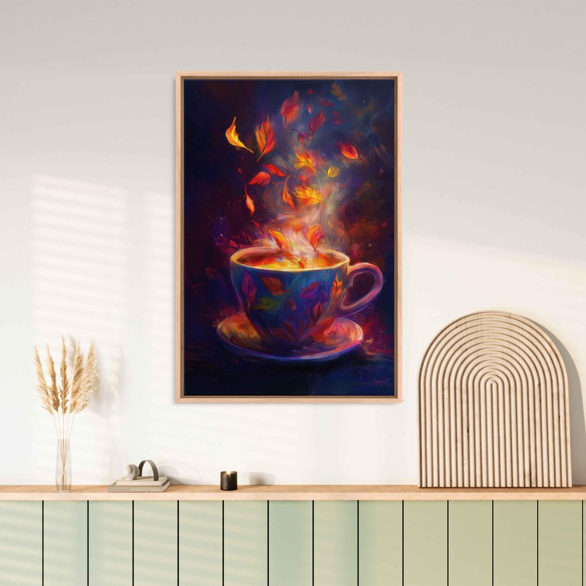 Magical Steaming Cup With Autumn Leaves Rising As Steam Dark Surreal Painting Poster