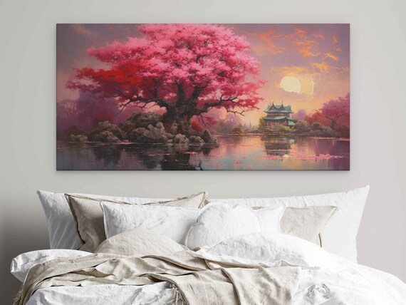 Pink Cherry Tree Blossoms On Lake With Japanese Building In Background Oil Painting Print On Ready To Hang Vibrant Colors