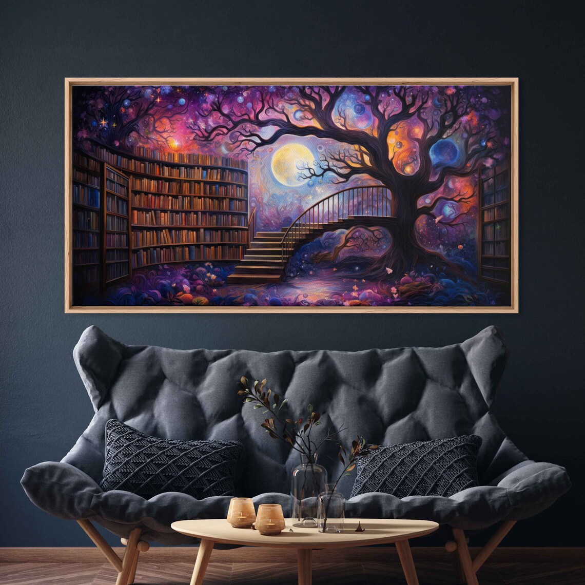 Magical Tree Of Knowledge Cosmic Moonlight Fantasy Library Wall Art Print - Image 2