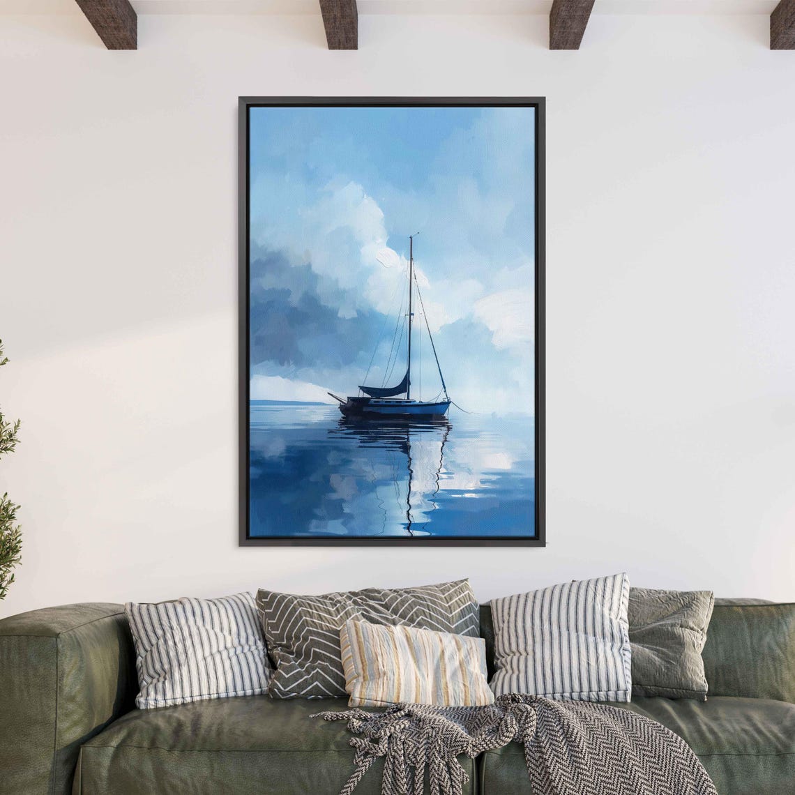 Tiny Sailboat On Glassy Water Moody Blue Minimalist Painting - Image 3