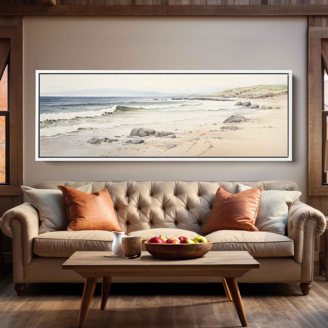 Serene Sandy Beach Watercolor With Soft Waves And Rocky Shores Poster - Image 2