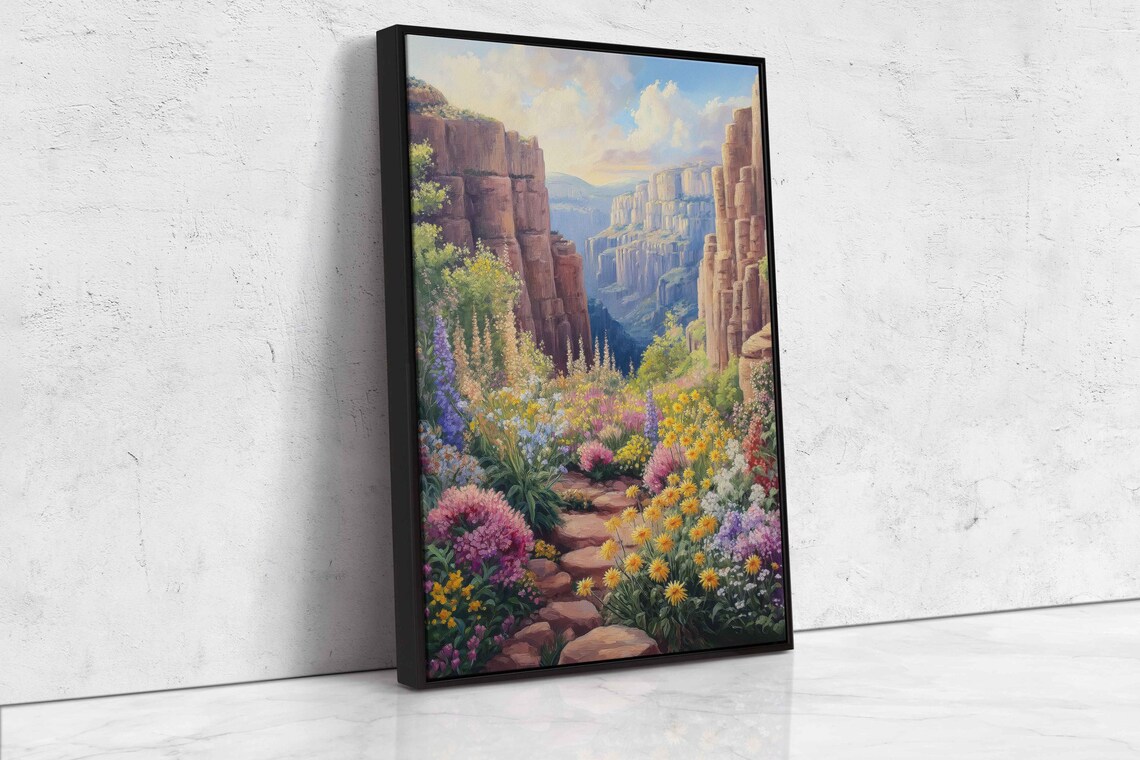 Wildflower Garden Canyon Path Painting Colorful Blooms Cliff Wall Art - Image 4