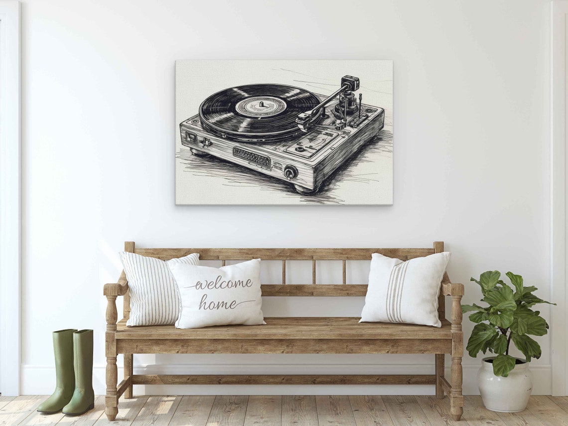 Vintage Record Player Turntable Pencil Sketch Drawing Wall Art Poster - Image 2