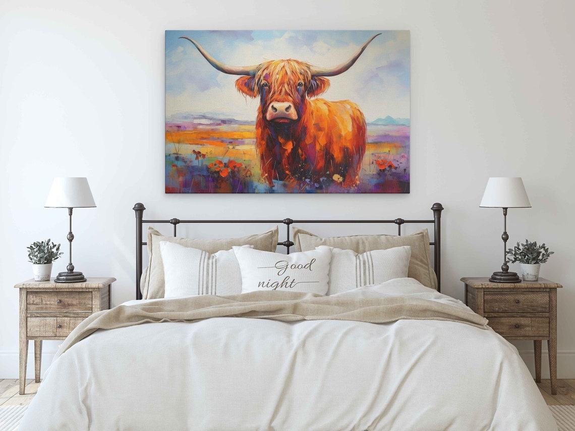 Colorful Highland Cow Palette Knife Poppies Modern Farm Art Poster - Image 3