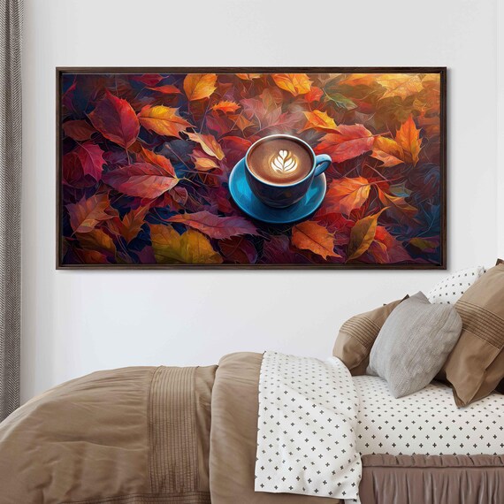 Blue Latte Cup With Leaf Art Among Crimson Autumn Leaves Print