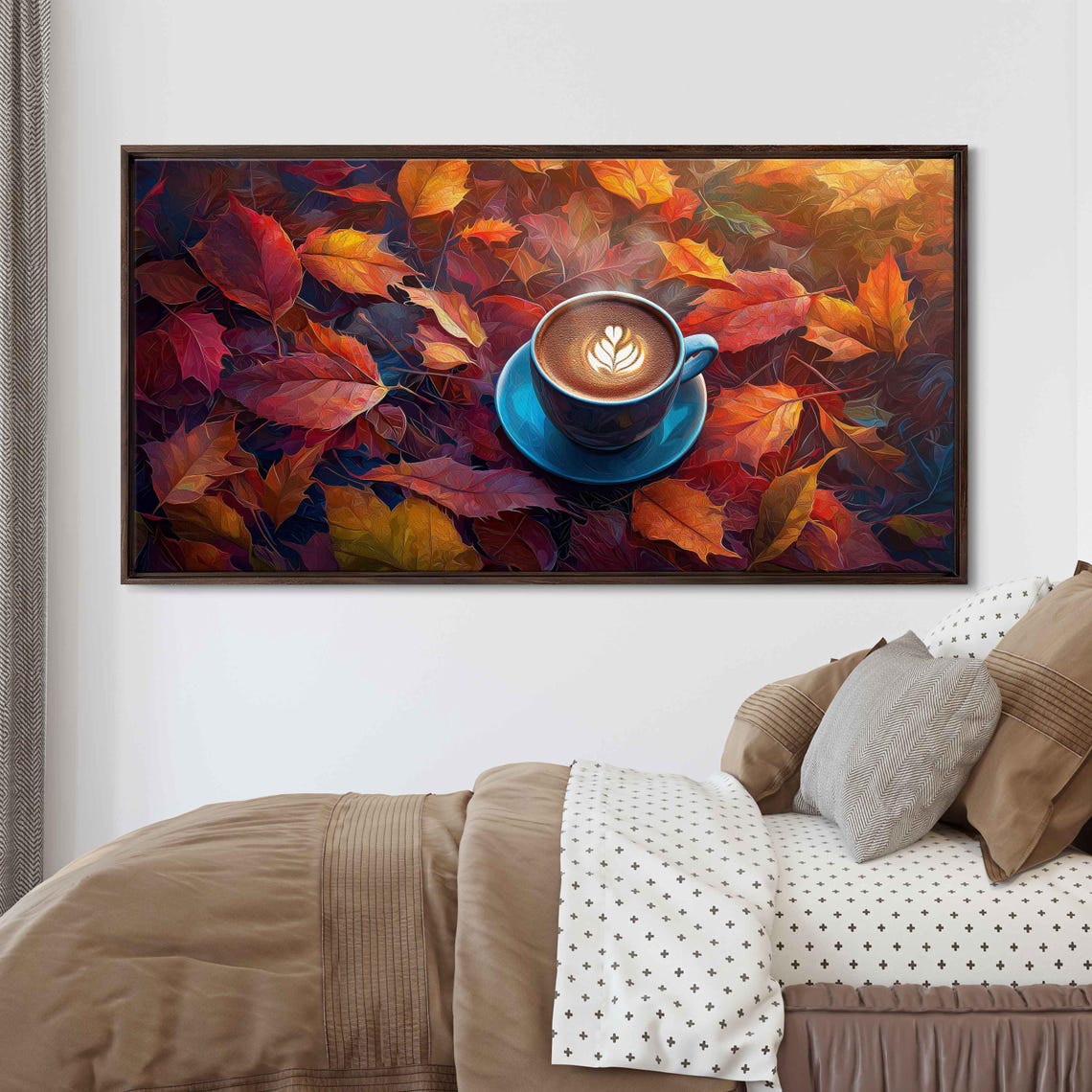 Blue Latte Cup With Leaf Art Among Crimson Autumn Leaves Print