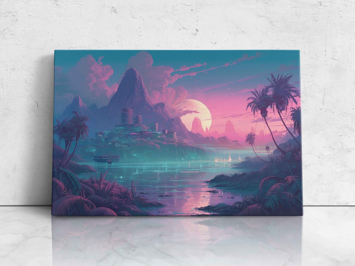 Pastel Color Island Vaporwave Landscape Art Illustration On Framed Ready To Hang Video Game Room Decor
