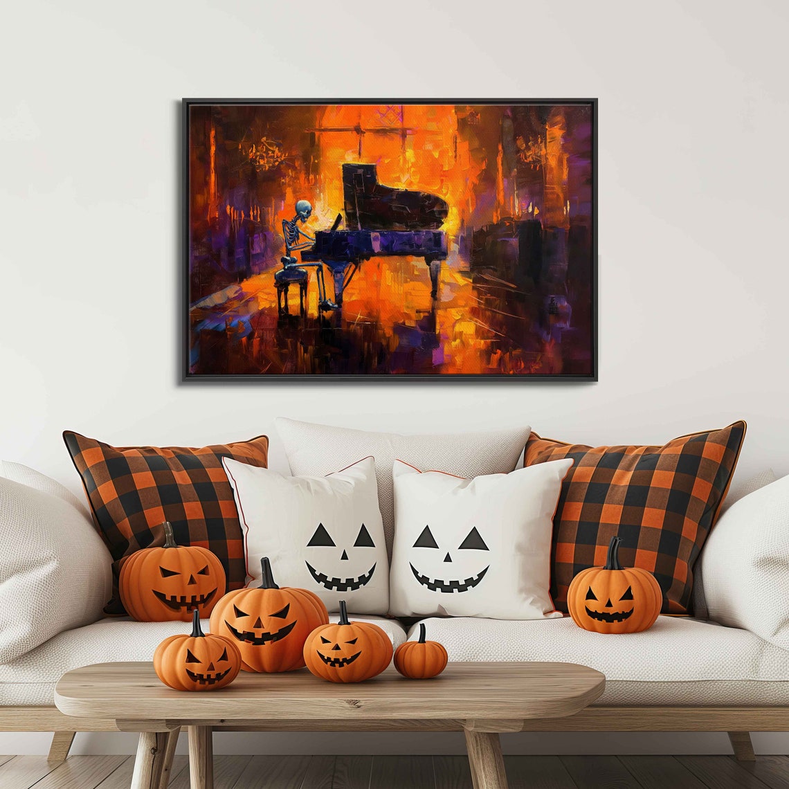 Skeleton Playing Grand Piano Fiery Orange Abstract Music Poster - Image 3