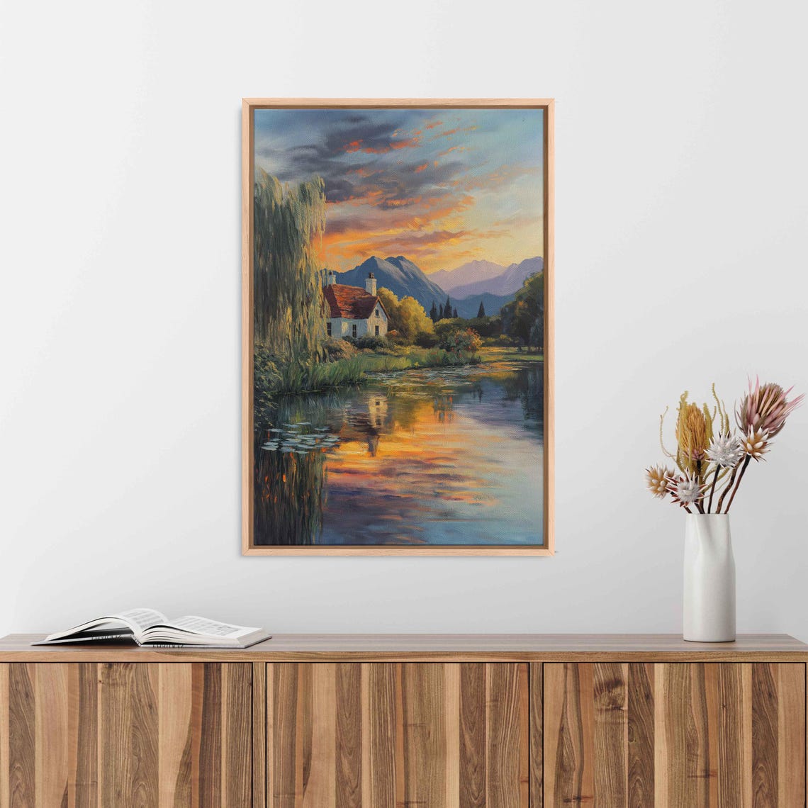 Lakeside Cottage At Sunset With Weeping Willow And Mountains Poster - Image 3