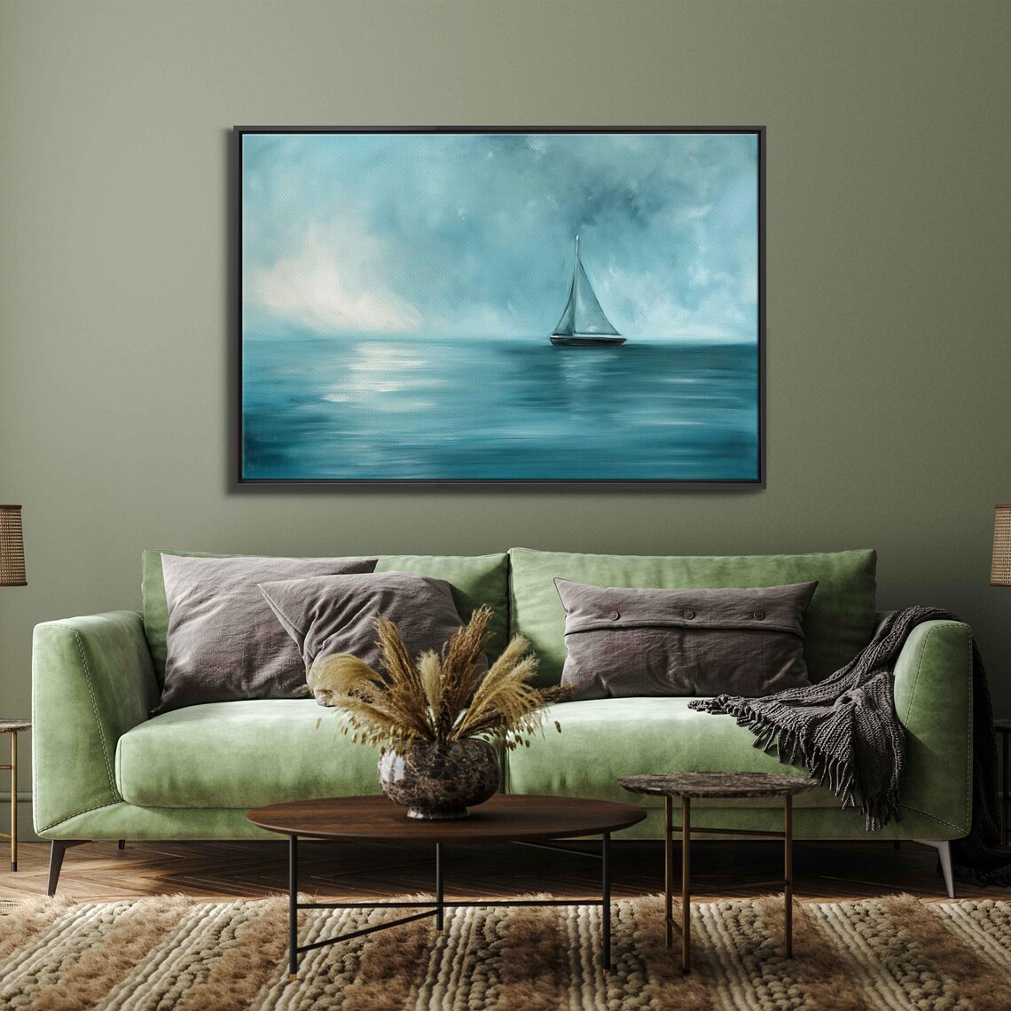 Lone Sailboat Teal Moody Sea Cloudy Sky Minimalist Wall Poster - Image 3