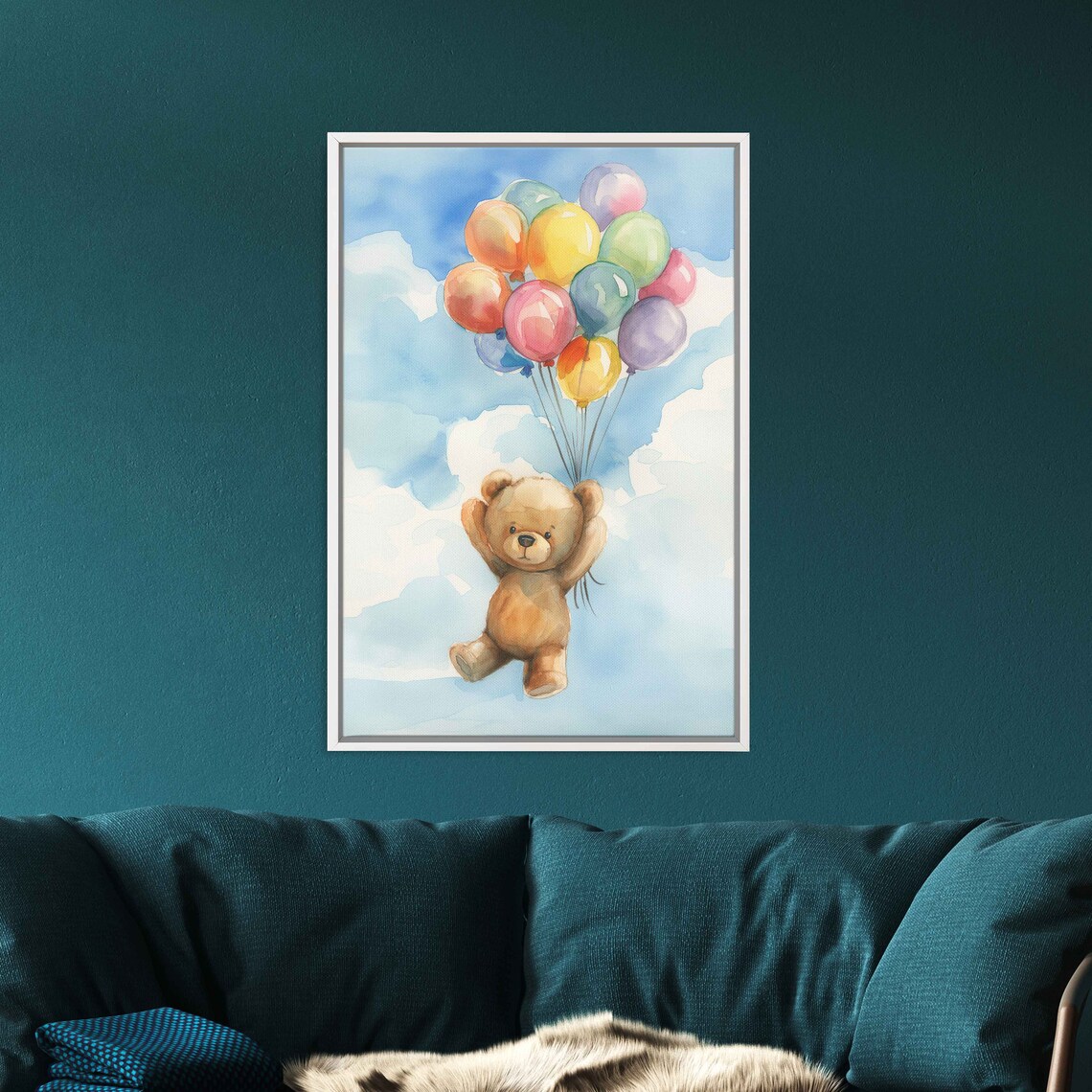 Teddy Bear Floating With Colorful Balloons Pastel Watercolor Kids Poster - Image 3