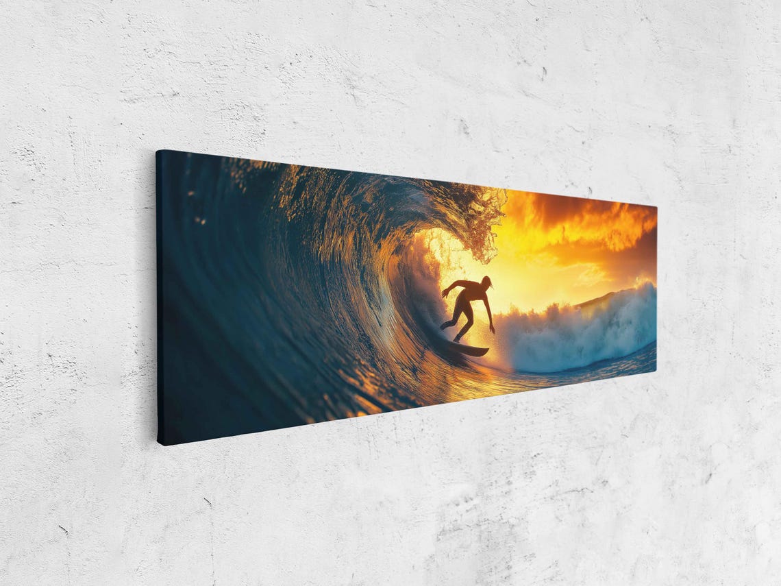 Surfer Catching Wave At Sunset Wall Art Print Neon Sunset Gift For Surfer Blue Water Ready To Hang - Image 4